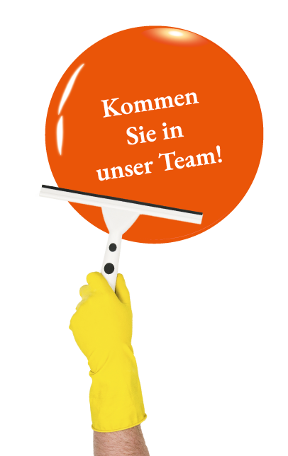 Hand hält Fensterputzabzieher und wischt über Button mit der Aufschrift: „Kommen Sie in unser Team!“